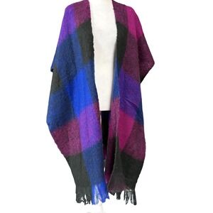 Nasharr Wool Blend Plaid Poncho Womens One Size Purple Blue Fringe Ruana Japan
